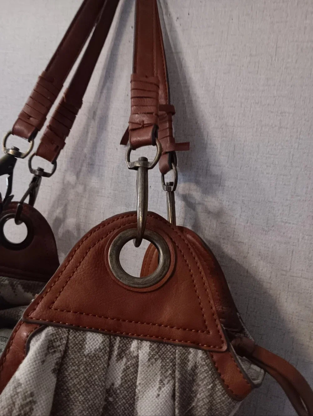 Vintage Lucky Brand Beige Canvas Hobo with Brown Leather Trim